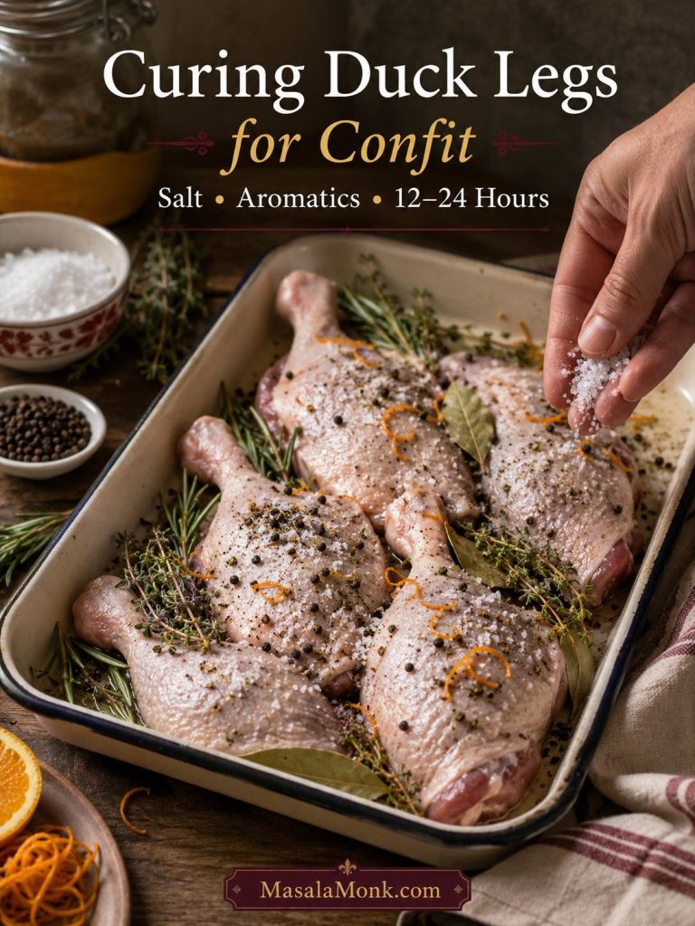 Raw duck legs in a baking dish being sprinkled with salt, herbs, peppercorns, bay leaves, and orange zest.