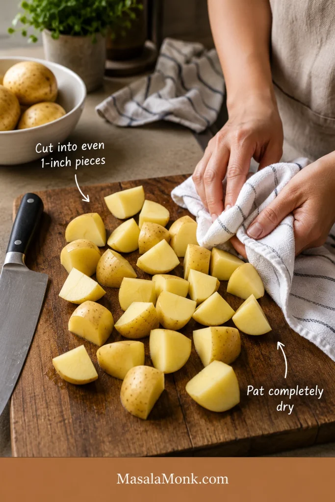 Hands drying cut potato pieces with a towel on a wooden cutting board beside a chef’s knife and whole potatoes.