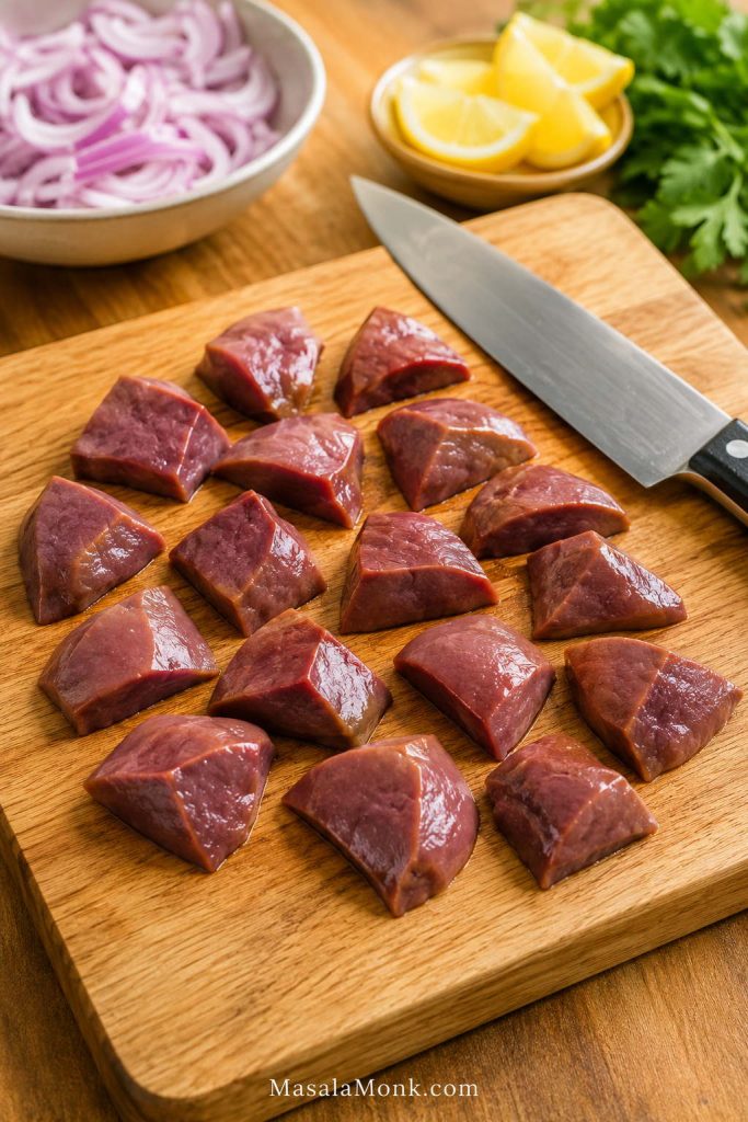 Chicken livers cut into even medium pieces on a wooden board with a knife and sliced onions nearby.
