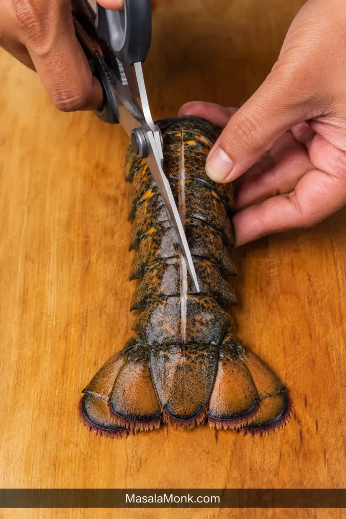 Kitchen shears cutting down the top shell of a raw lobster tail on a wooden board.