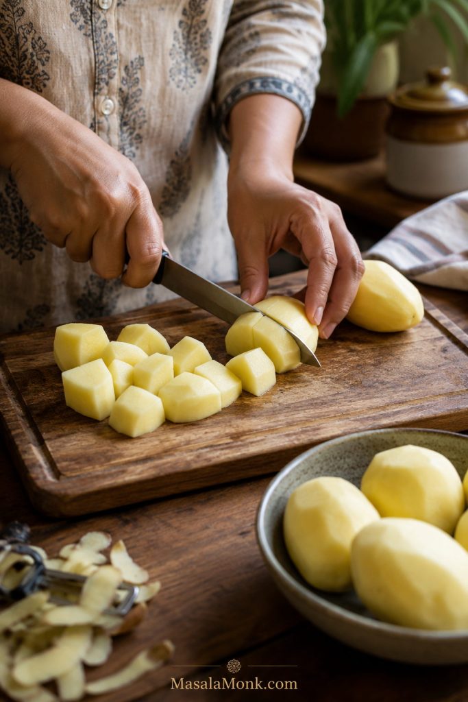 Hands cutting peeled potatoes into even chunks on a wooden cutting board.