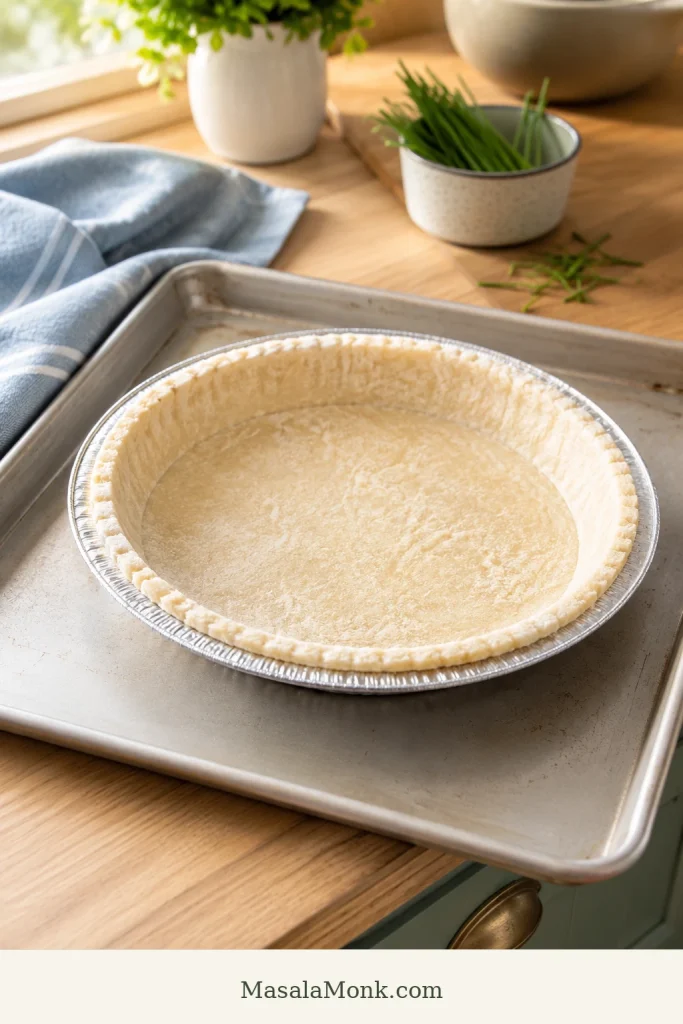 Deep-dish frozen pie crust in a foil tin set on a rimmed baking sheet on a kitchen counter.