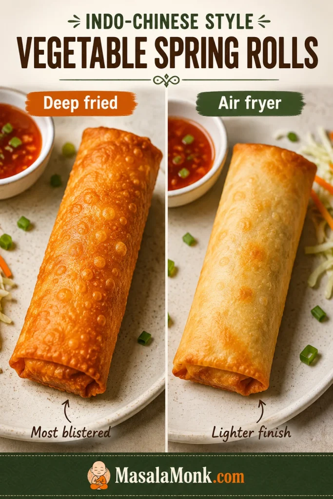 A comparison of a deep-fried spring roll and an air fryer spring roll with different wrapper textures.
