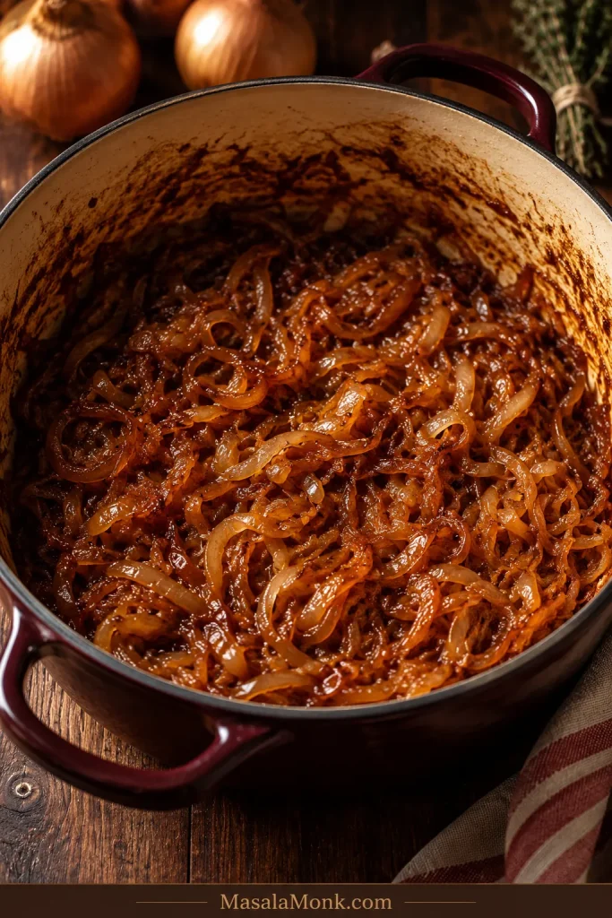 Deep golden jammy caramelized onions in a pot, ready for broth in French onion soup.