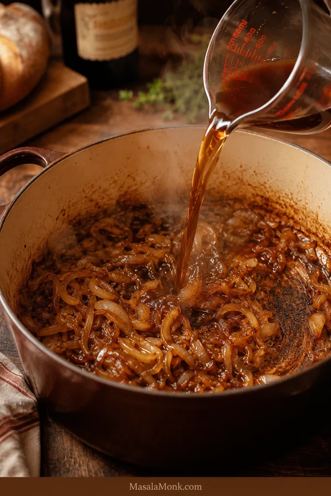 Broth being poured into caramelized onions in a pot to deglaze for French onion soup.
