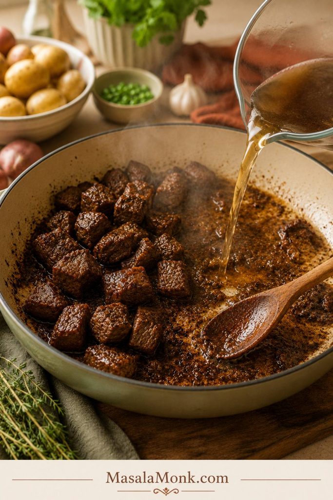 Liquid being poured into a skillet while a wooden spoon scrapes browned bits from the pan.