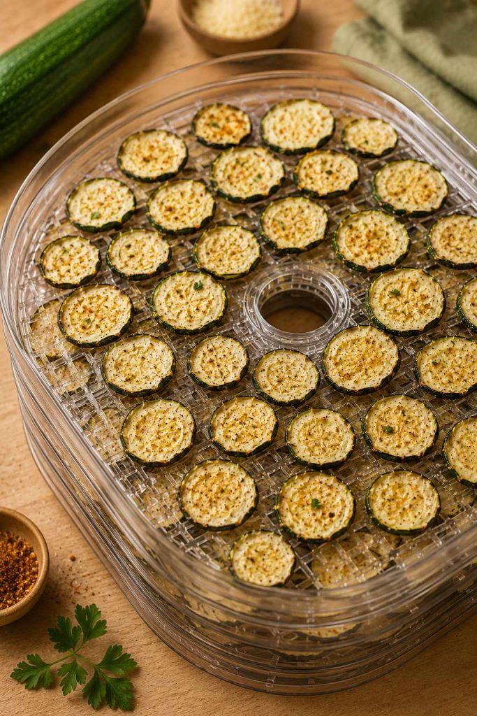 Thin zucchini slices arranged in a single layer on a dehydrator tray.