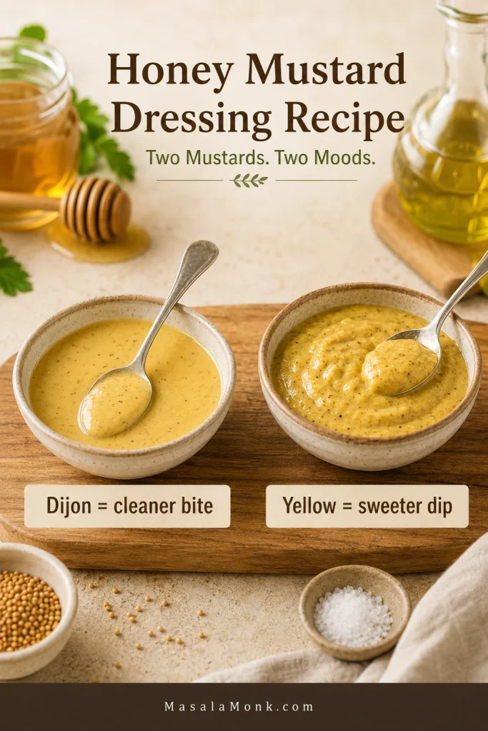 Two bowls comparing Dijon-based honey mustard dressing and yellow mustard honey mustard sauce, with labels for cleaner bite and sweeter dip.