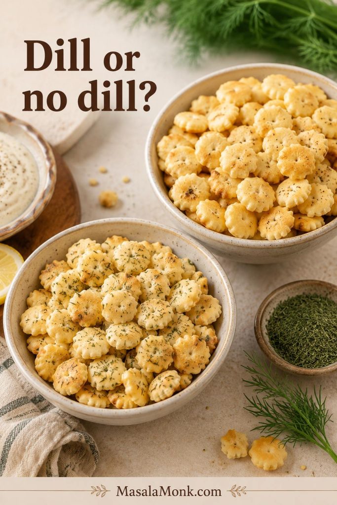 Two bowls of ranch oyster crackers comparing a dill-speckled batch with a cleaner no-dill batch.