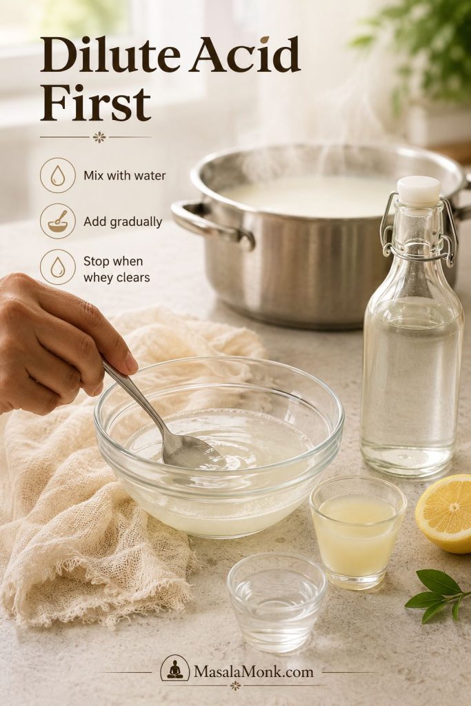 Lemon juice or vinegar being mixed with water in a glass bowl before being added to milk for paneer.