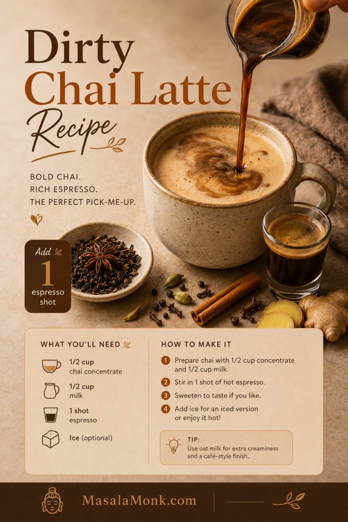 Dirty chai latte with espresso being poured into a creamy chai latte, plus a small espresso shot glass, loose black tea, cardamom, cinnamon, and ginger.