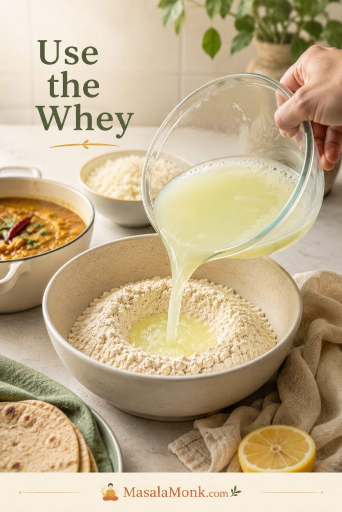 Leftover paneer whey being poured into flour or dough, with dal and rice in the background.