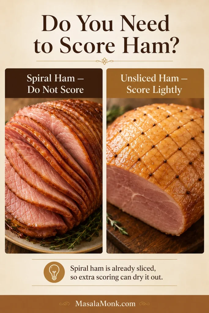 Side-by-side guide showing that spiral ham should not be scored, while an unsliced ham can be scored lightly.