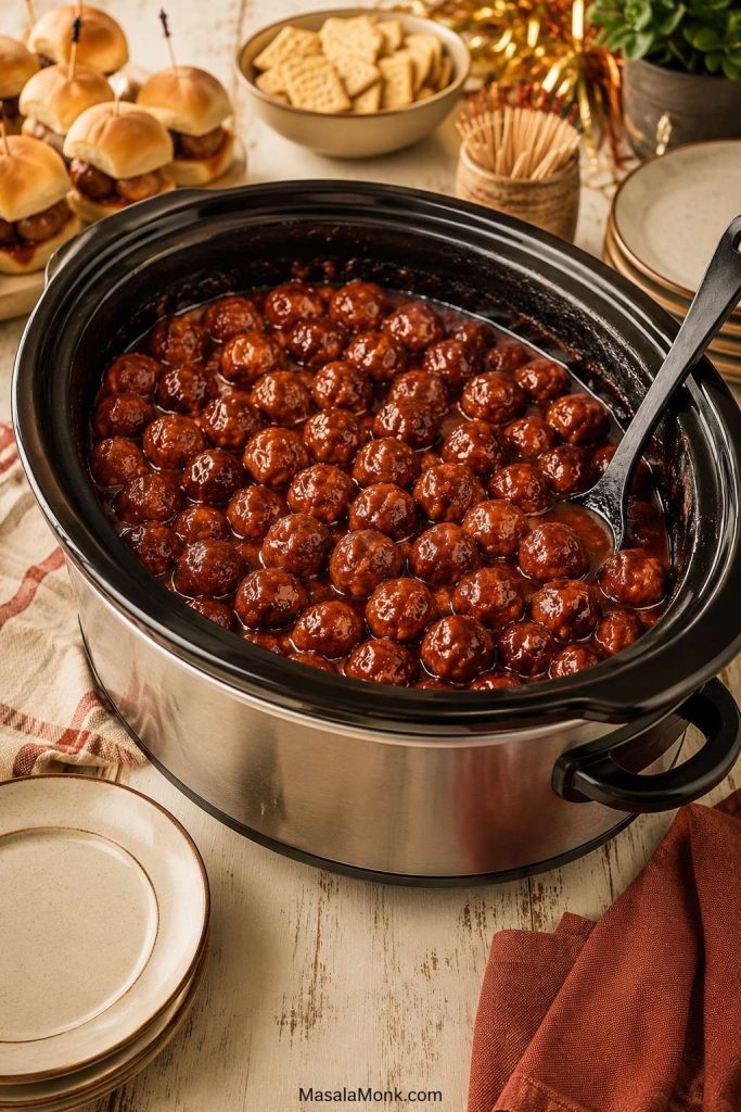 Large slow cooker filled with a double batch of grape jelly meatballs on a party table with slider buns, crackers, toothpicks, and plates.
