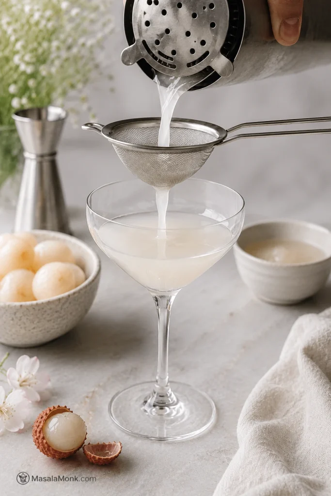 Lychee martini being poured through a fine mesh strainer into a coupe glass.
