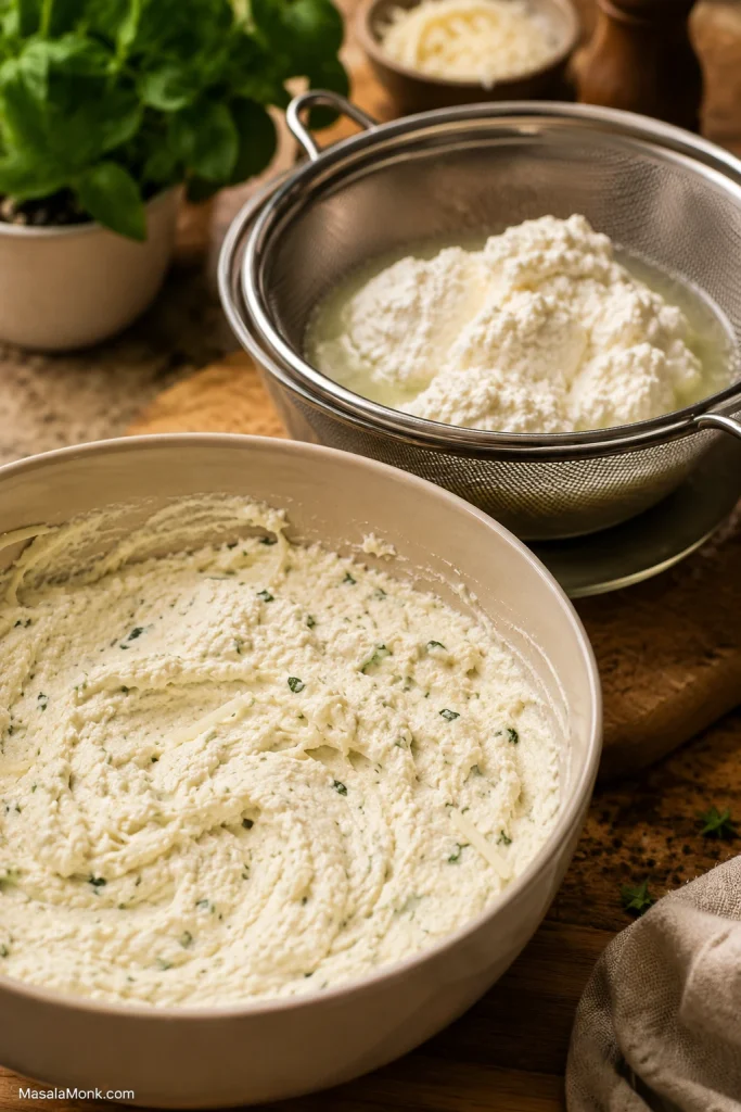 Ricotta draining in a fine-mesh strainer with thick cheese filling nearby.