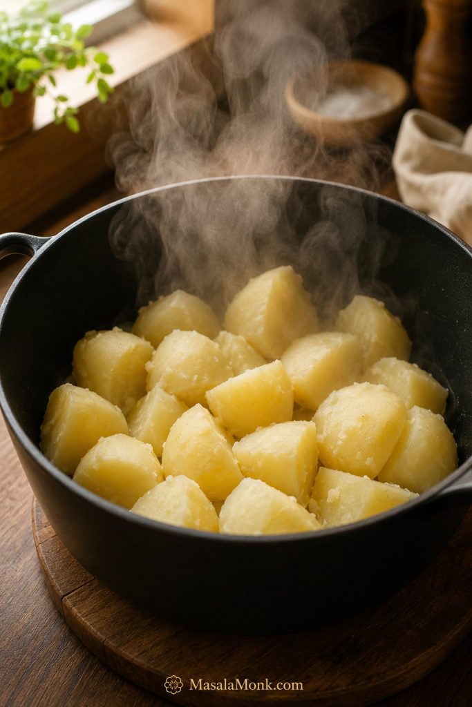 Drained boiled potatoes steaming in a hot empty pot before mashing.