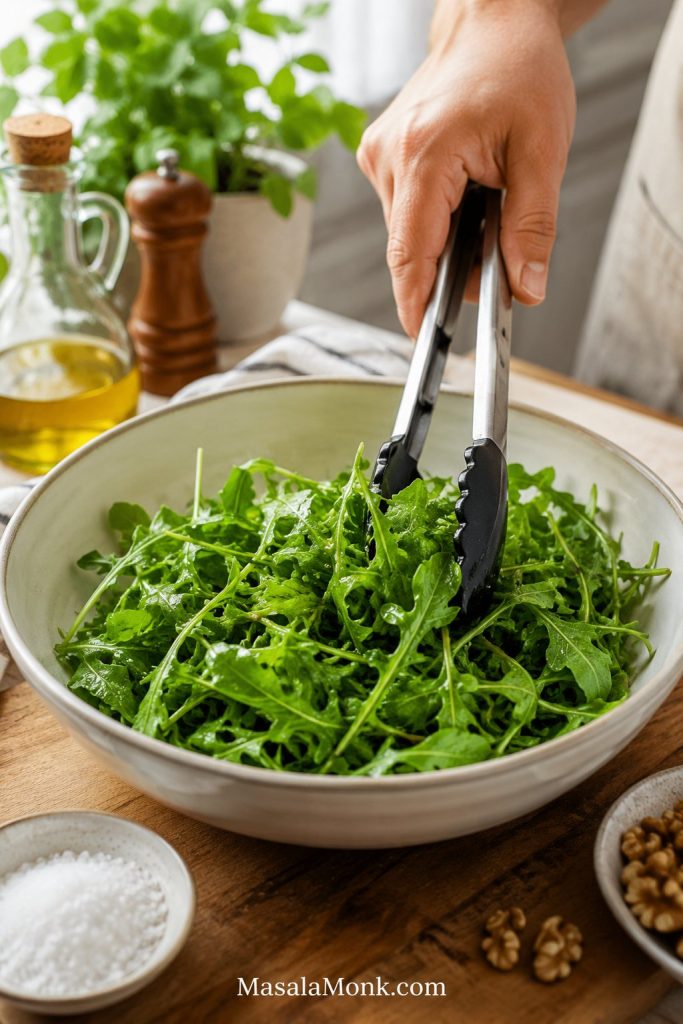 Tongs tossing arugula and mixed greens with a small amount of dressing in a shallow bowl.