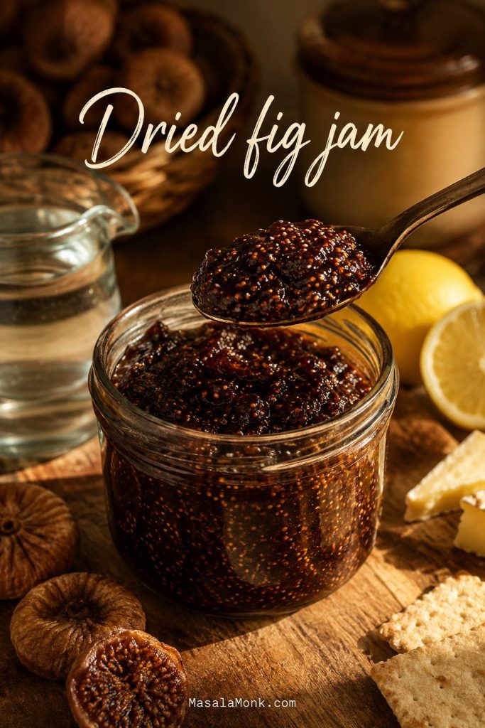 Dried fig jam served on a spoon with dried figs, lemon, water, crackers, and cheese-board elements nearby.