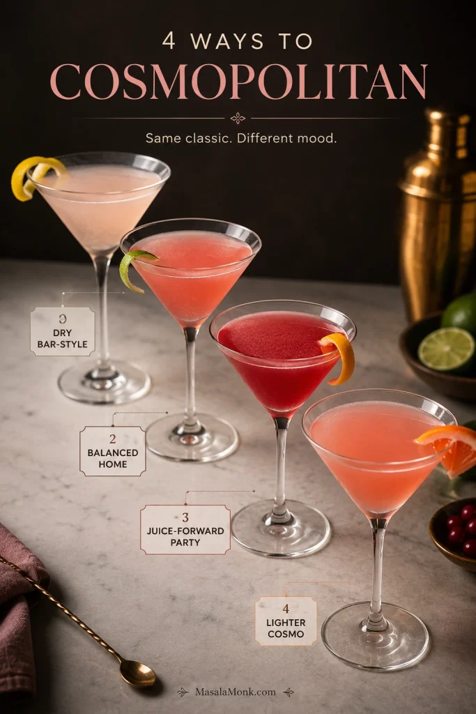 Four Cosmopolitan ratio styles shown in glasses, including dry, balanced, juice-forward, and lighter versions.