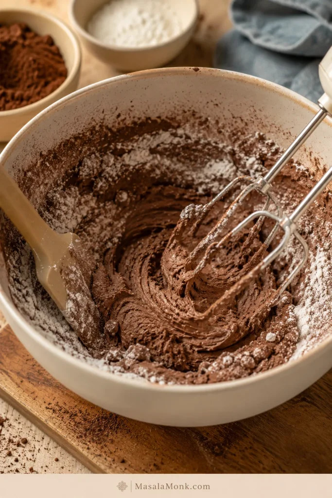 Cocoa powder and powdered sugar partly mixed into a cream cheese butter base in a mixing bowl.