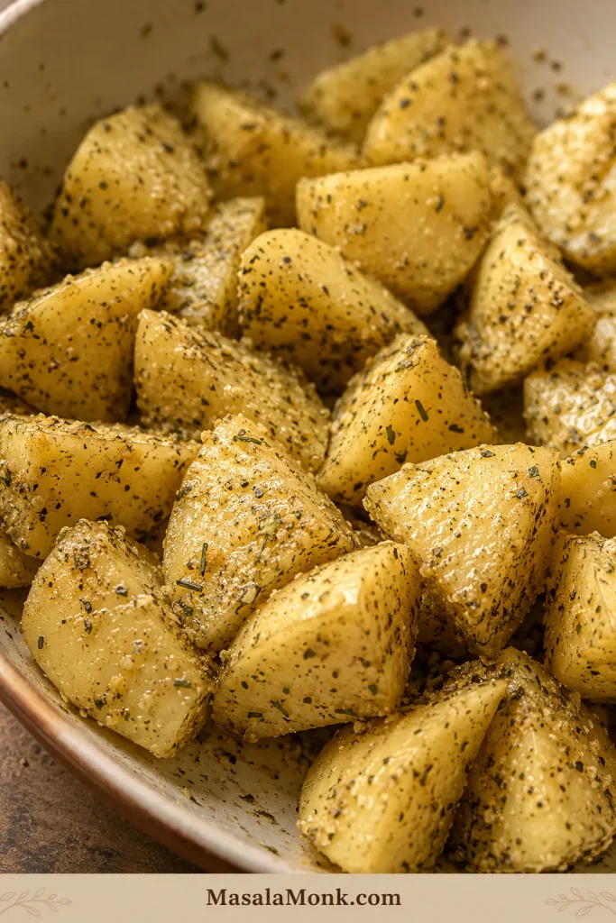 Close-up of raw potato chunks evenly coated with dry ranch seasoning, herbs, pepper, and oil in a mixing bowl.