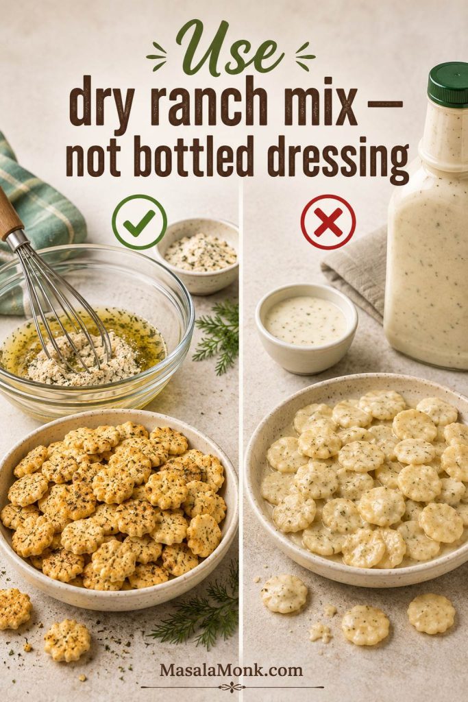Split comparison of dry ranch seasoning mixed with oil and bottled ranch dressing with softer crackers.