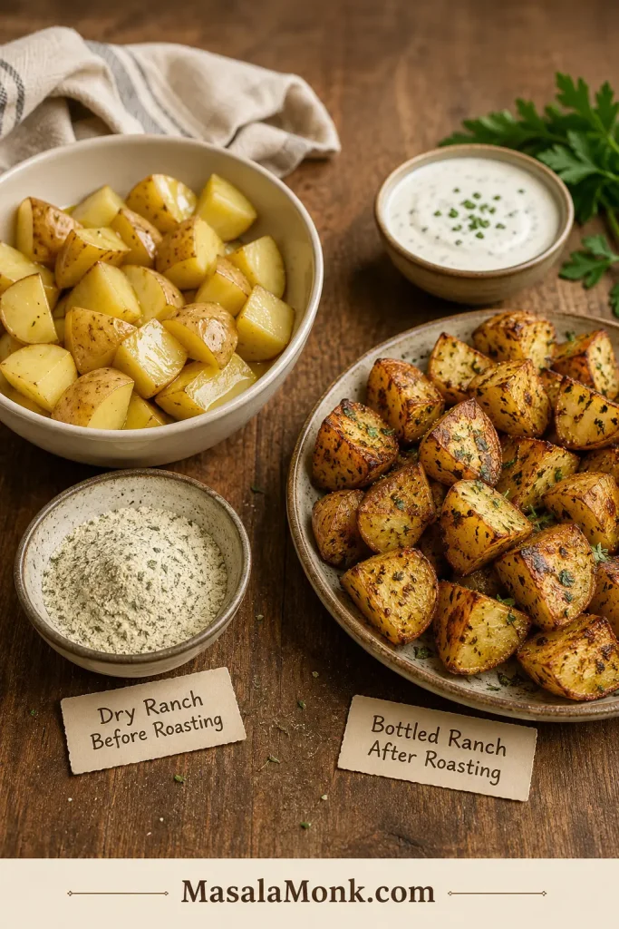 Dry ranch seasoning beside oiled potato chunks with finished roasted potatoes and a bowl of ranch dressing for dipping.