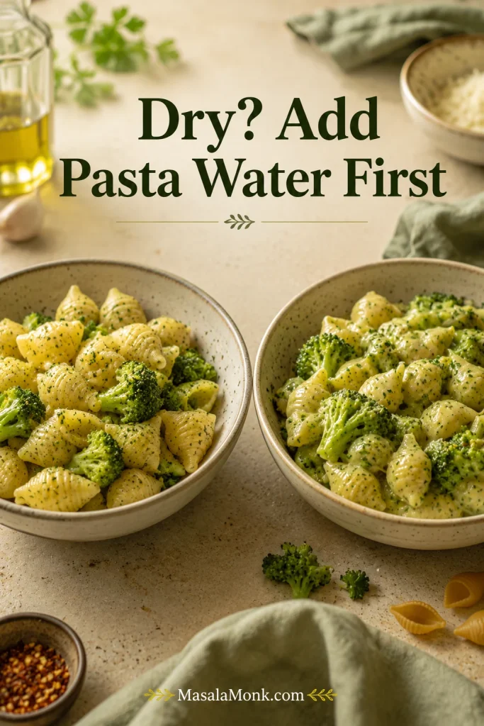 Two bowls of broccoli pasta side by side, one looking drier and one glossier, with text reading “Dry? Add Pasta Water First.”