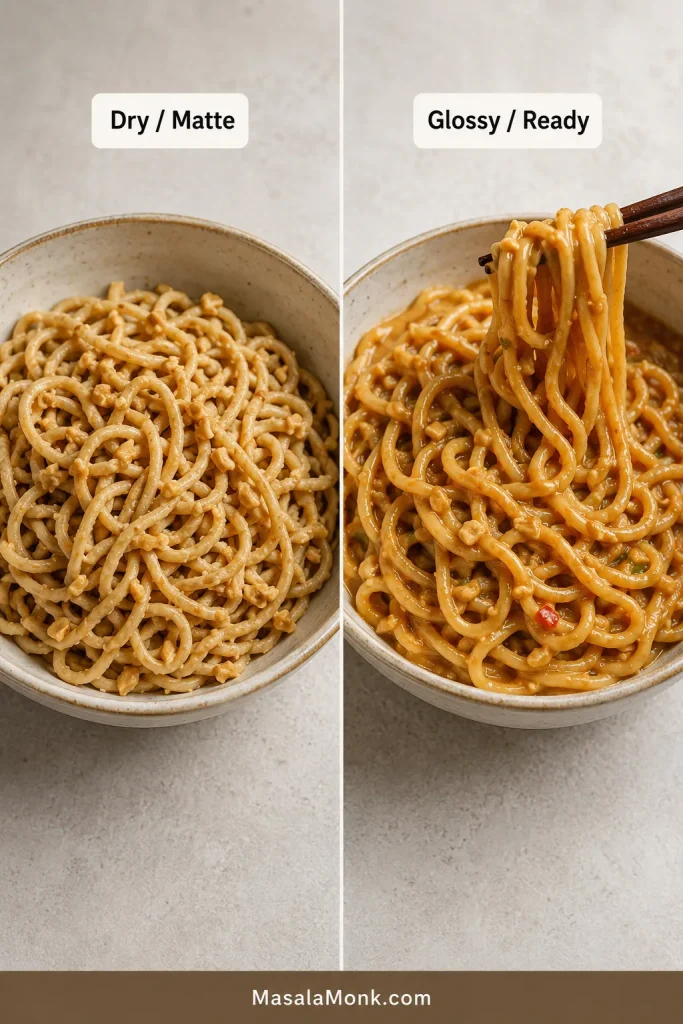 Comparison of dry matte peanut noodles and glossy saucy peanut noodles, with the glossy noodles lifted by chopsticks