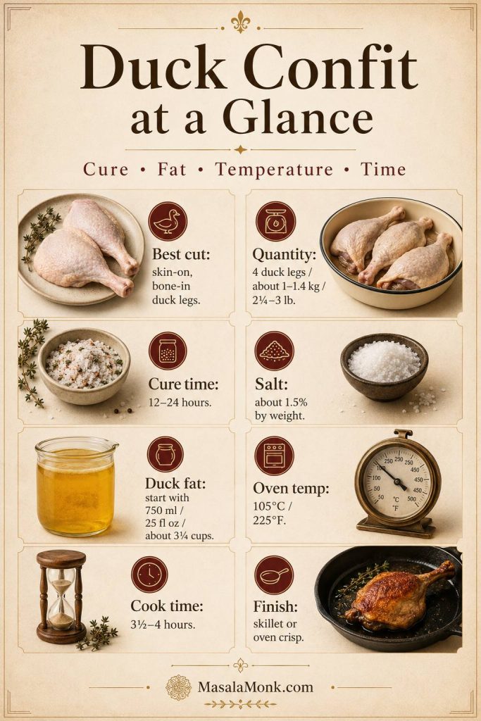 Duck confit guide showing duck legs, salt, duck fat, oven temperature, cure time, cook time, and crisping method.