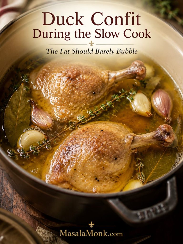 Duck legs cooking gently in golden duck fat with garlic, shallots, bay leaves, thyme, and only a few small bubbles.