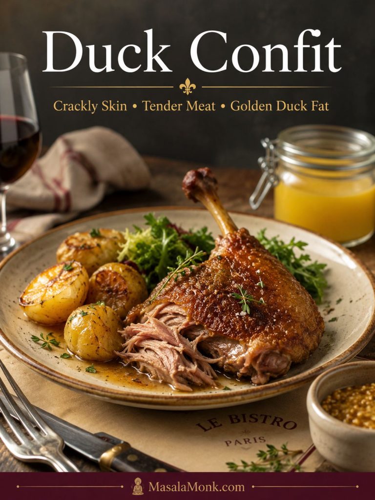 Duck confit leg served with pulled tender meat, crisp skin, roasted potatoes, salad greens, sauce, and a jar of duck fat.