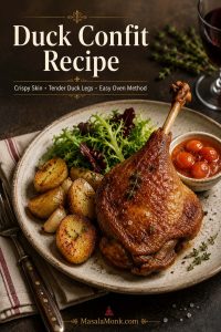 Crispy duck confit leg served with roasted potatoes, salad greens, and a small bowl of sauce.