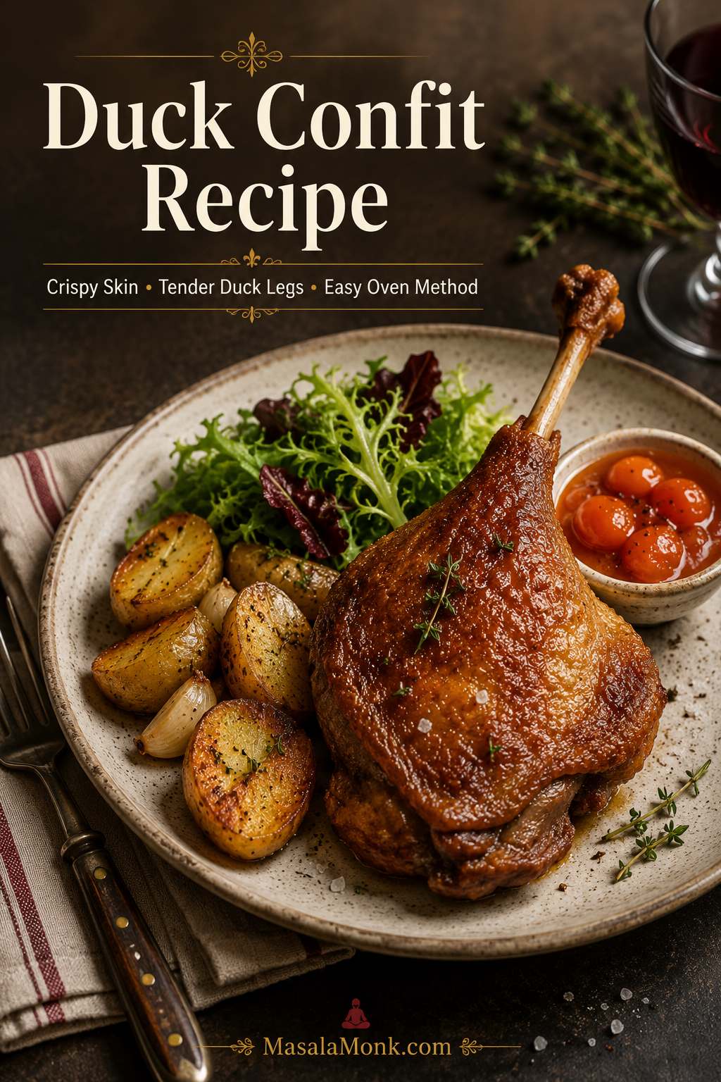 Crispy duck confit leg served with roasted potatoes, salad greens, and a small bowl of sauce.