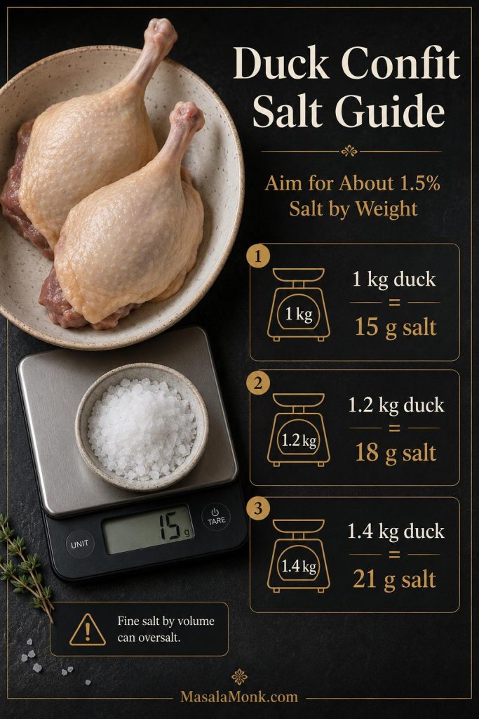Duck confit salt guide with duck legs, kosher salt, a kitchen scale, and examples for 1.5 percent salt by weight.