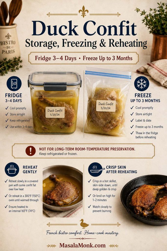 Duck confit storage guide showing a refrigerated container, freezer bag, reheating pan, crisping skillet, date labels, and safety notes.