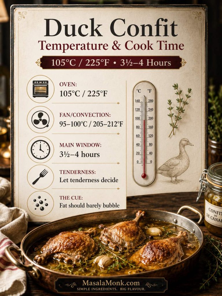 Duck confit temperature guide showing 105°C or 225°F, fan oven adjustment, 3½ to 4 hour cook time, and tenderness cues.