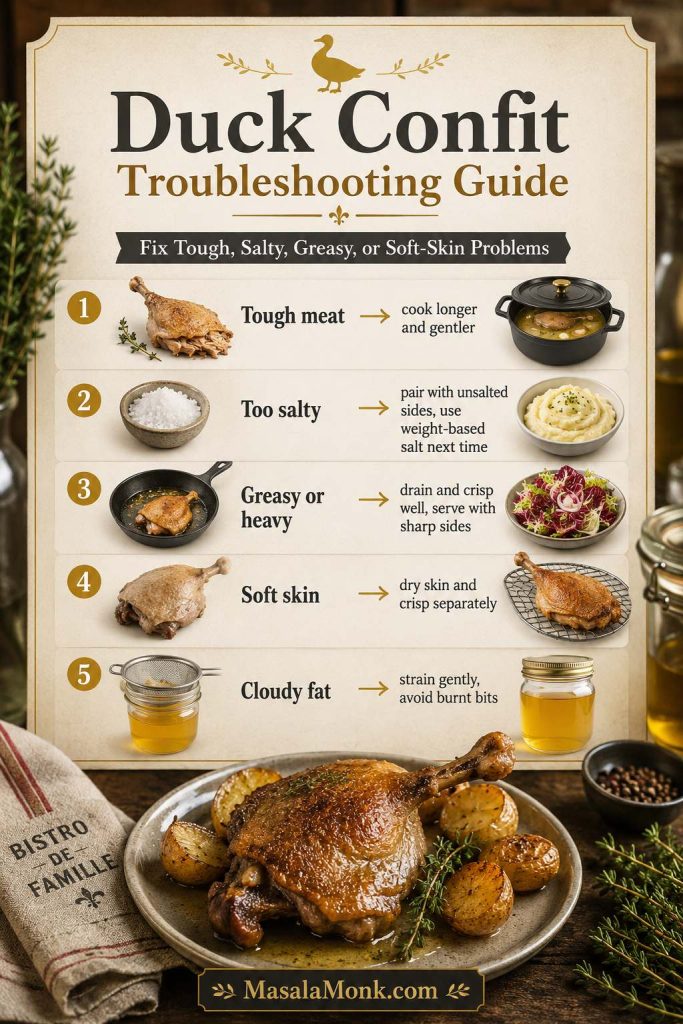 Duck confit troubleshooting guide showing fixes for tough meat, too salty duck, greasy texture, soft skin, and cloudy duck fat.
