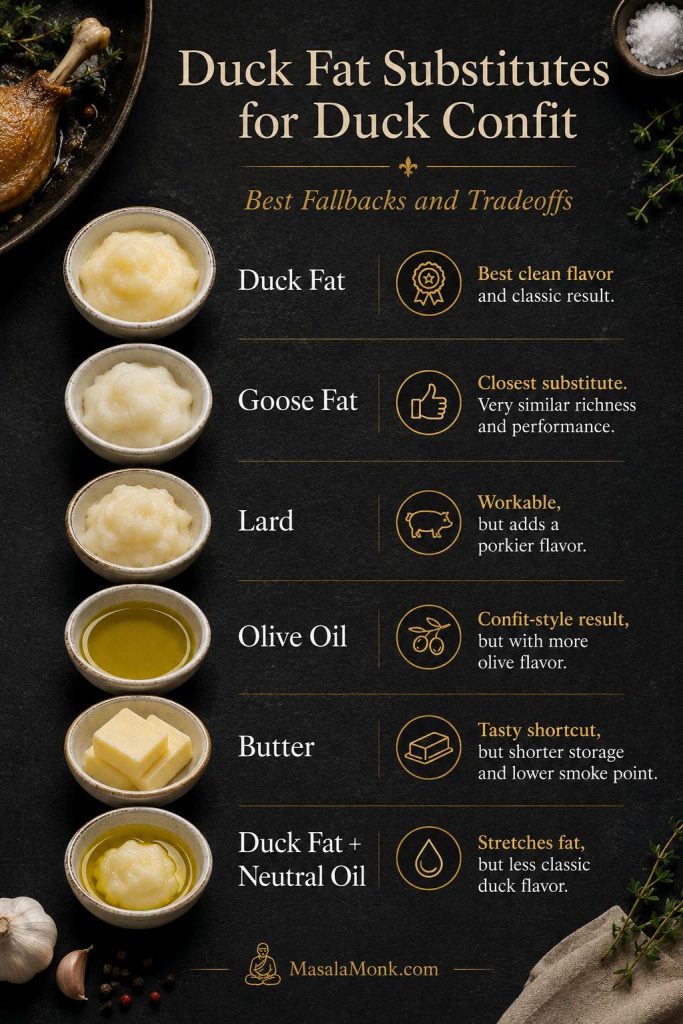 Comparison of duck fat, goose fat, lard, olive oil, butter, and duck fat mixed with neutral oil for duck confit.