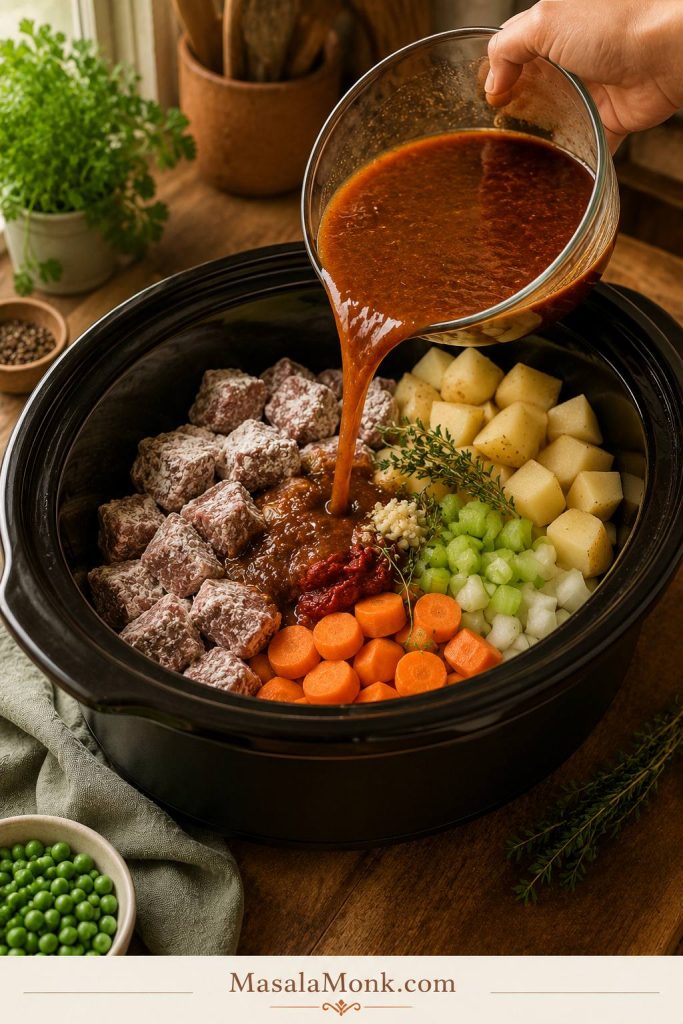 Raw beef, potatoes, carrots, onion, celery, herbs, and broth mixture being added to a dark slow cooker.