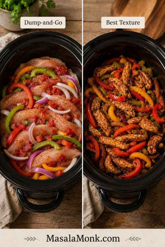 Comparison of dump-and-go slow cooker chicken fajitas with uncooked ingredients in the pot and best-texture fajitas with cooked chicken and bright peppers.