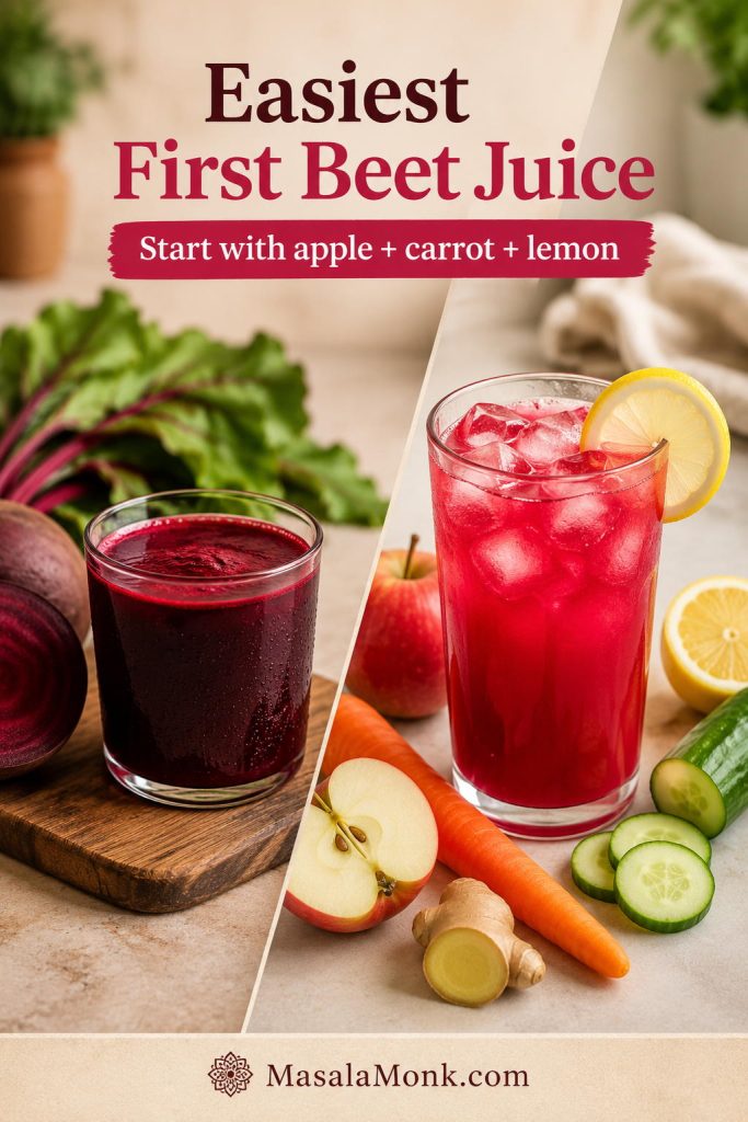 Split image comparing a darker straight beetroot juice with a brighter beginner-friendly apple, beet, carrot, lemon, ginger, and cucumber juice over ice.