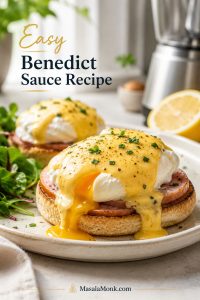 Eggs Benedict with glossy hollandaise sauce over a poached egg on a toasted English muffin with ham.