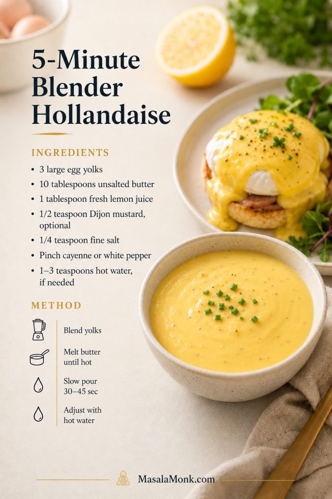 Recipe card for 5-minute blender hollandaise with egg yolks, unsalted butter, lemon juice, Dijon, salt, cayenne, and hot water.
