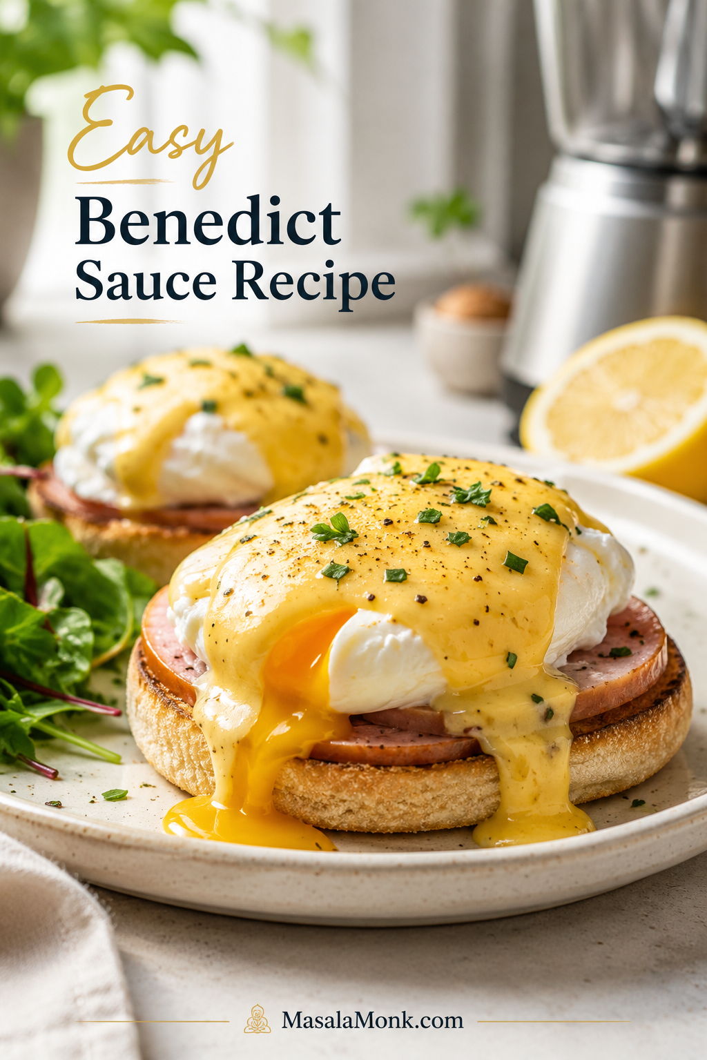 Eggs Benedict with glossy hollandaise sauce over a poached egg on a toasted English muffin with ham.