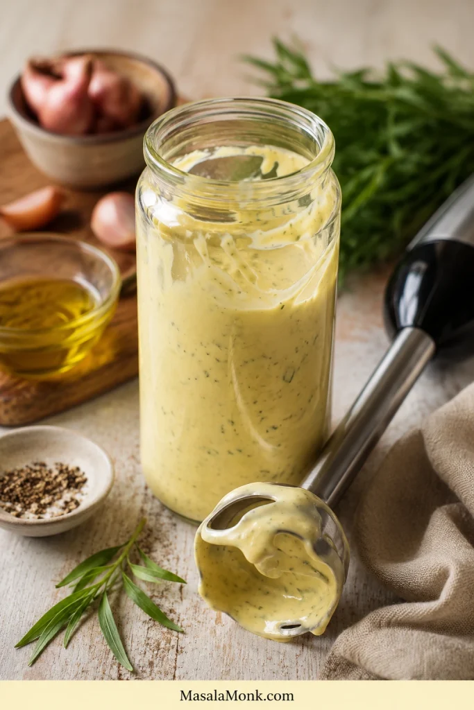 Finished béarnaise sauce in a tall glass jar with an immersion blender beside it on a wooden surface.