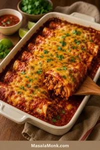 Baked red chicken enchiladas in a cream ceramic dish with melted cheese, cilantro, saucy edges, and one enchilada lifted to show shredded chicken filling.