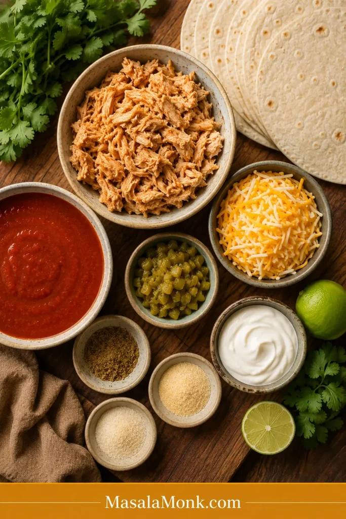 Overhead ingredient board with shredded chicken, red enchilada sauce, tortillas, shredded cheese, green chiles, spices, sour cream, cilantro, and lime.