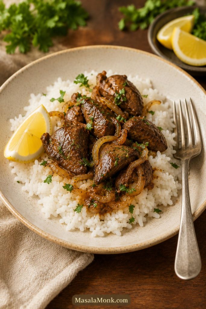 Small serving of chicken liver with onions over rice, with lemon and herbs on a cream plate.